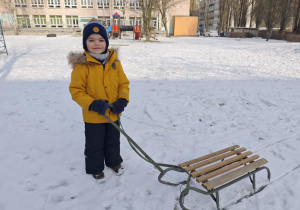 Chłopiec z sankami na śniegu