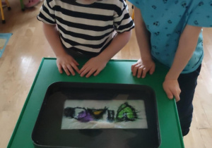 Eksperymenty - dwoje dzieci obserwuje jak wykonany obrazek mazakami rozmywa się włożony do wody