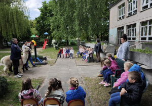 Dzieci siedzące na ławeczkach i oglądające alpaki