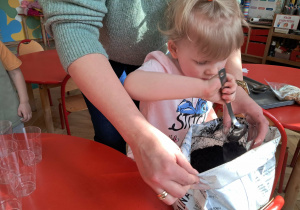 Dziewczynka nabiera do kubeczka ziemię