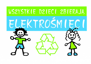 logo akcji wszystkie dzieci zbierają elektrośmieci- dziewczynka i chłopiec