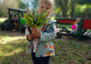Dziewczynka pozuje z bukietem jesiennych liści