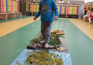 Ścieżka sensoryczna - chłopiec stąpa gołymi stopami po żołędziach