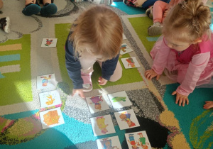 Dziewczynka dopasowuje karty z postacią bajkową i emblematem z bajki