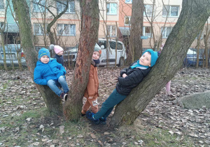 Trzech chłopców pozuje do zdjęcia opierając się o drzewo