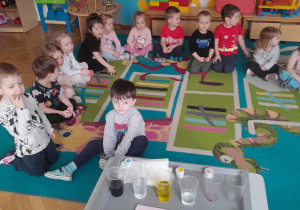 Dzieci siedzą w kole na dywanie i obserwują rzeczy potrzebne do wykonania eksperymentu ,,Barwna tęcza"
