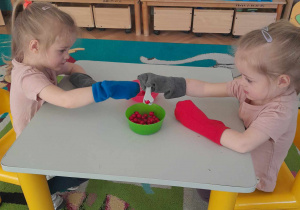 Dwie dziewczynki próbują przenieść z jednego do drugiego pojemnika plastikowe wisienki za pomocą szczypiec mając na rękach skarpetki